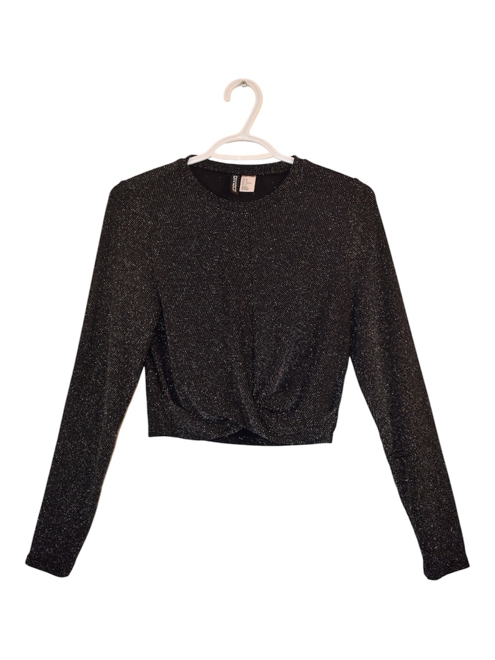 Divided Sparkle Twist-Front Long Sleeve Crop Top - Black